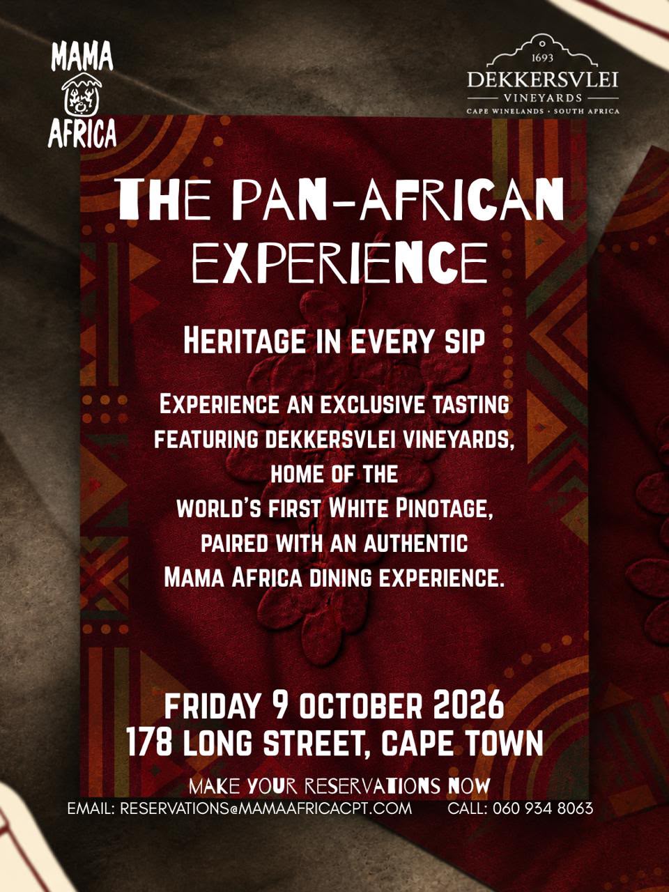 The Pan-African Experience — Heritage in Every Sip, Friday 9 October 2026, 178 Long Street, Cape Town. Exclusive tasting featuring Dekkersvlei Vineyards.